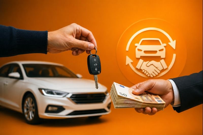 Auto verkaufen gegen Bargeld mit Autoschlüssel und Fahrzeug im Hintergrund.